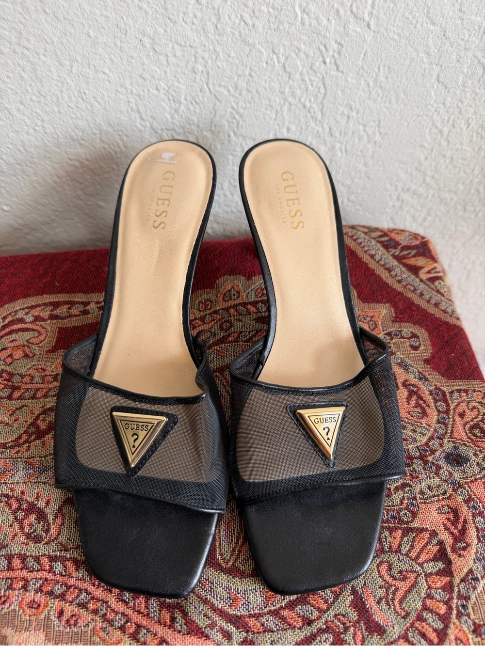 GUESS Black Mesh and Gold Logo Slide Mules